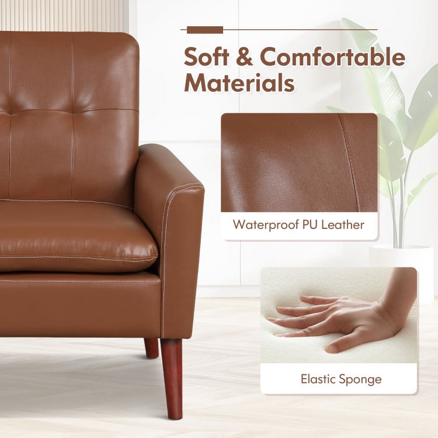 Finihen Upholstered Accent Armchair, Modern PU Leather Accent Chair with Solid Wood Legs, for Living Room, Bedroom, Brown