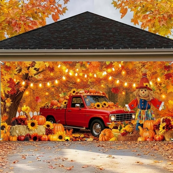 16x7ft Fall Pumpkin Red Truck Scarecrow Garage Door Banner for Harvest Decor