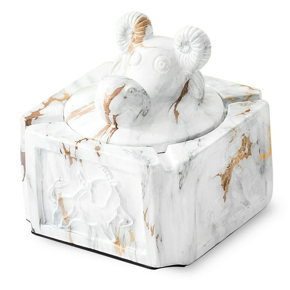 Yuungoou Vintage Ashtray With Lid, Ceramic Ashtray Windproof, Small Decorative Ashtray For Cigarettes Outdoor, Cigar Ashtrays-white and gold-11.5x11.5x11.5cm