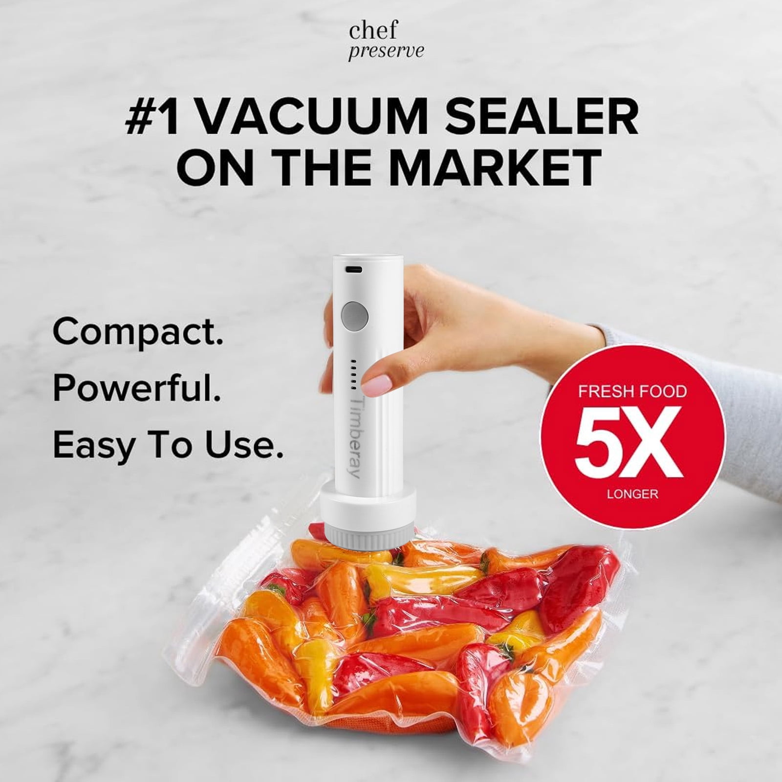 Timberay Food Vacuum Sealer - Compact Strong Suction Portable Sealer for Reusable Bags & Sous Vide Prep