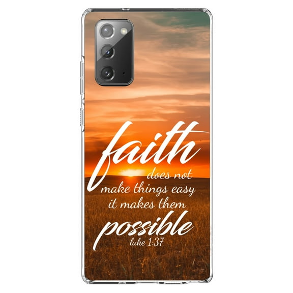 DistinctInk Clear Shockproof Hybrid Case for Samsung Galaxy Note 20 (6.7" Screen) - TPU Bumper, Acrylic Back, Tempered Glass Screen Protector - Luke 1:37 - Faith Does Not Make Easy Makes Possible