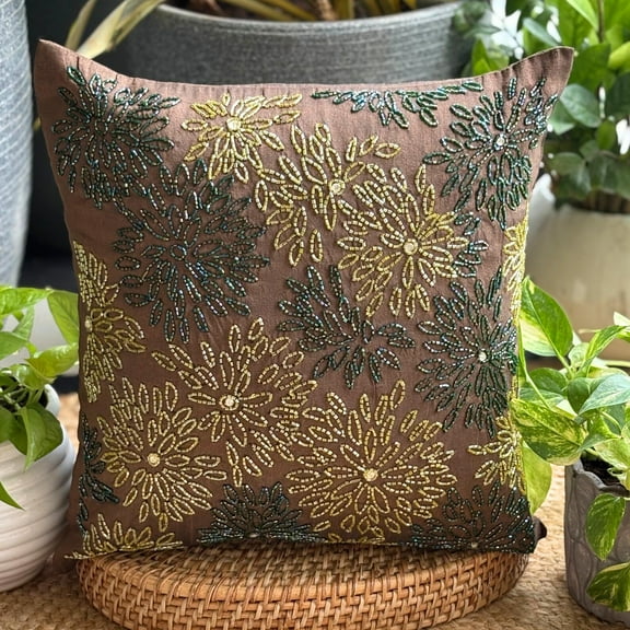 Throw Pillow Covers, Brown Decorative Pillow Covers With Zipper 16x16 inch (40x40 cm), Silk Accent Throw Pillows, Nature & Floral, Beaded, Tropical Pillow Covers - Floral Spark