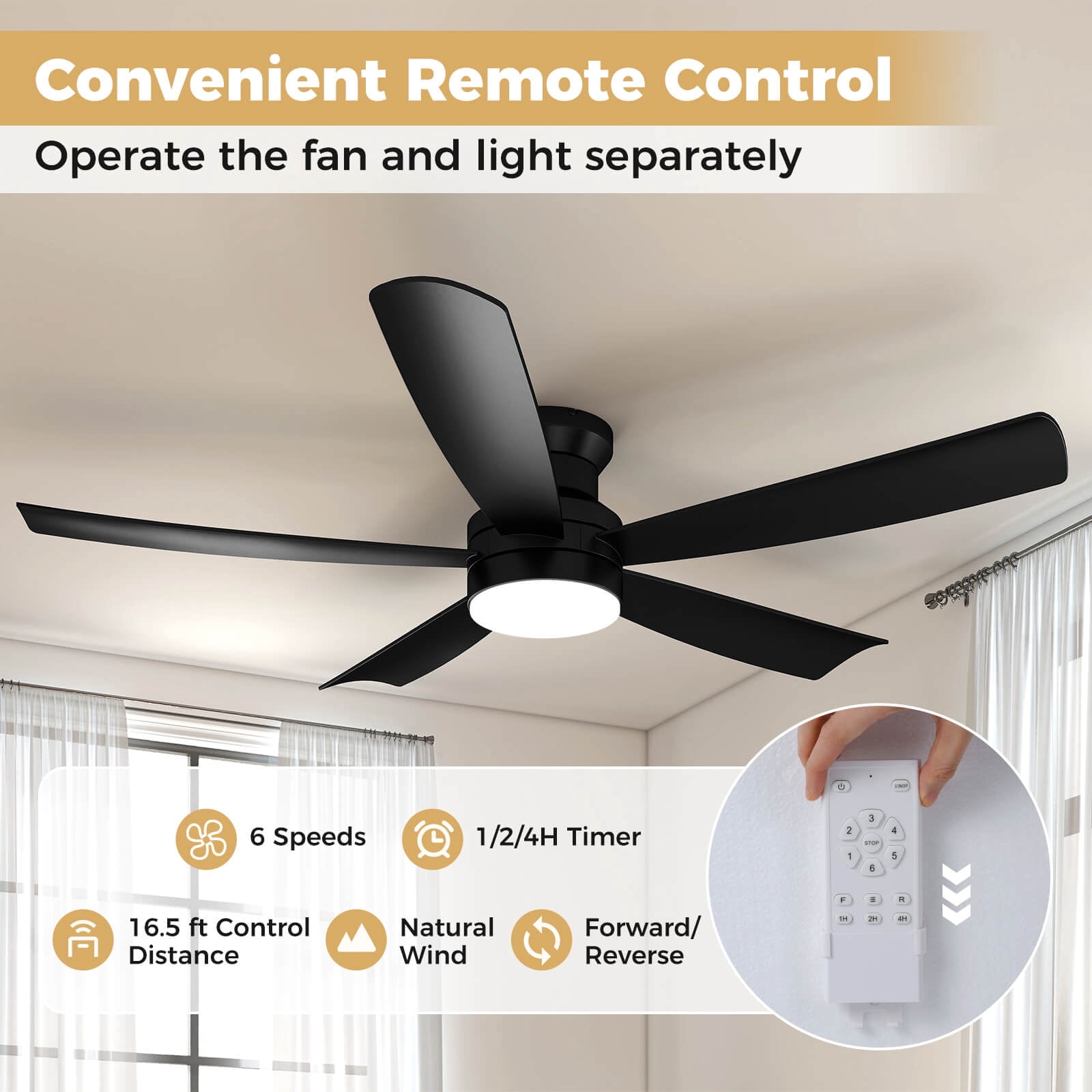Costway 52" Ceiling Fan with Lights and Remote Control & Quiet Reversible Motor Black