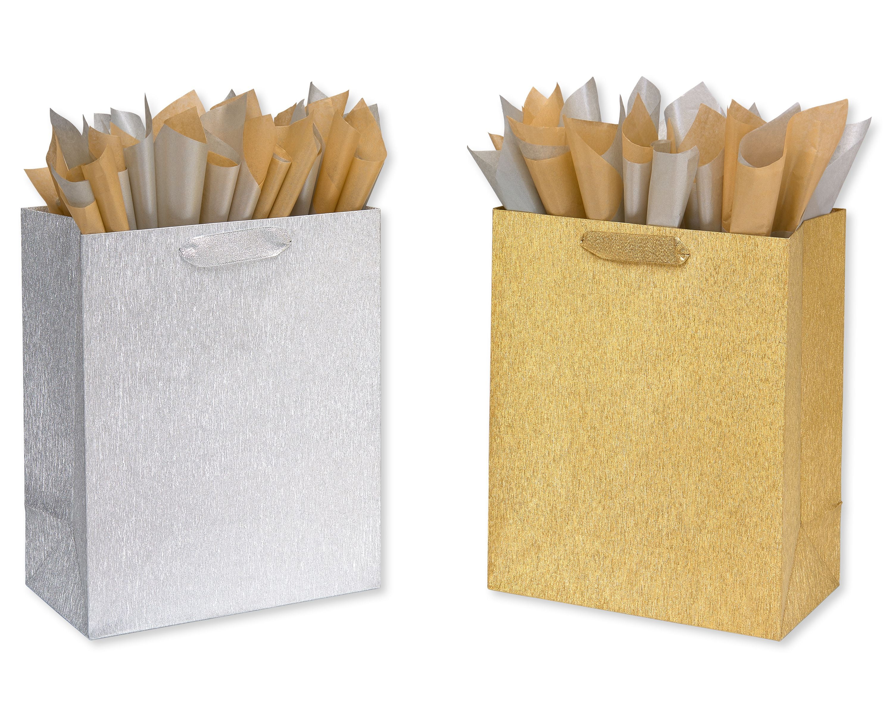 Papyrus Brushed Metallic Silver and Gold Large Gift Bag & Tissue Set; 2 Gift Bags, 8 Sheets of Tissue