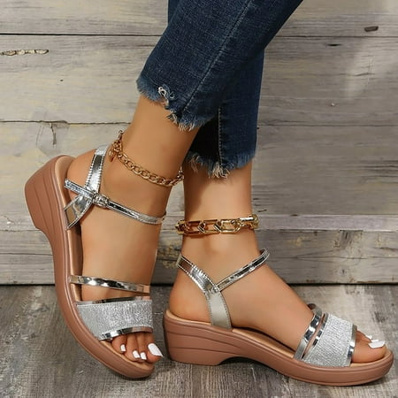 

LIANGP Women s Sandals Omen s Summer New Style Foreign Trade Wshoes With Sloping Heel And Fish Mouth Sandals Women s Shoes Silver Size 6.5