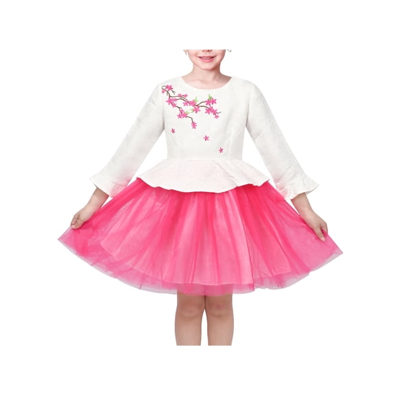 Sunny Fashion Girls Embroidered Blossom Dress With Pink Tulle, 3/4 Sleeve Peplum Dresses 8 Years