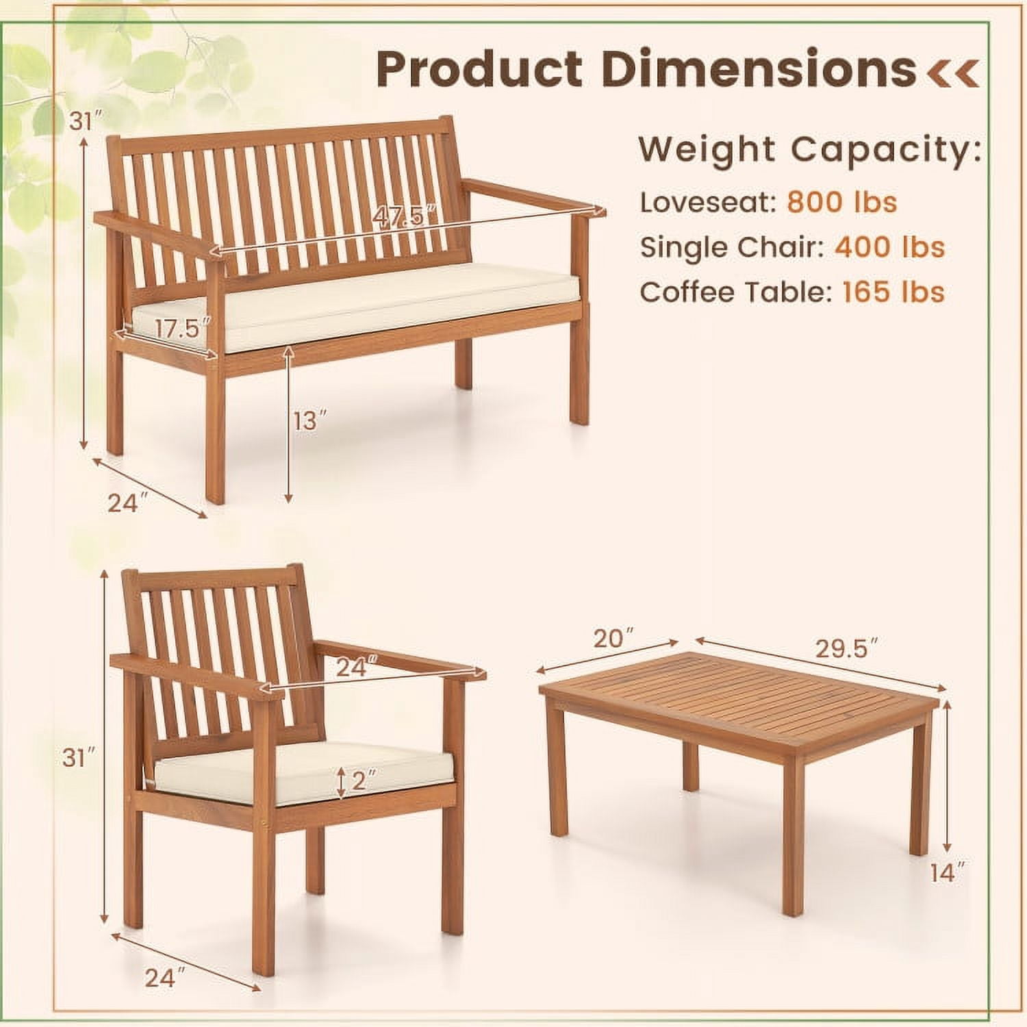 Resenkos 4 Piece Patio Wood Furniture Set Acacia Wood Sofa Set, Small Patio Conversation Furniture Set with Loveseat-Off White