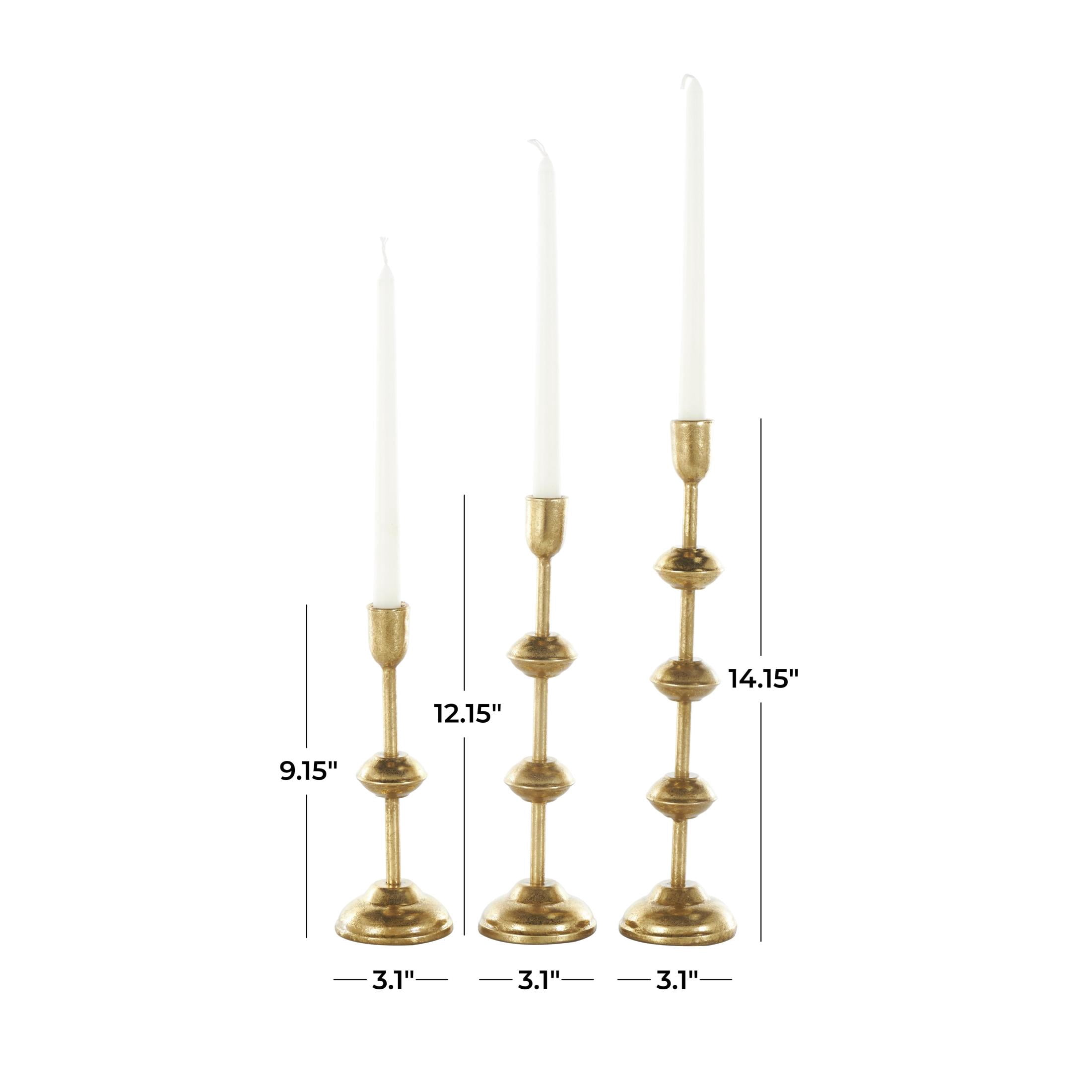 DecMode 3 Candle Gold Metal Slim Candle Holder with Floating Spheres, Set of 3
