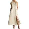 thumbnail image 2 of Guieoi Summer Dresses for Women under $10 Plus Size Decorative Button Cotton-Linen Loose-Fit Sleeveless Slit Hem Maxi Dress Beige XL, 2 of 7