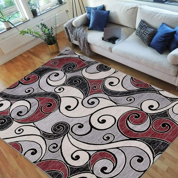 Swirls Rugs/Luxury Livingroom Modern Soft/Smooth-Red/Silver/Gray/White