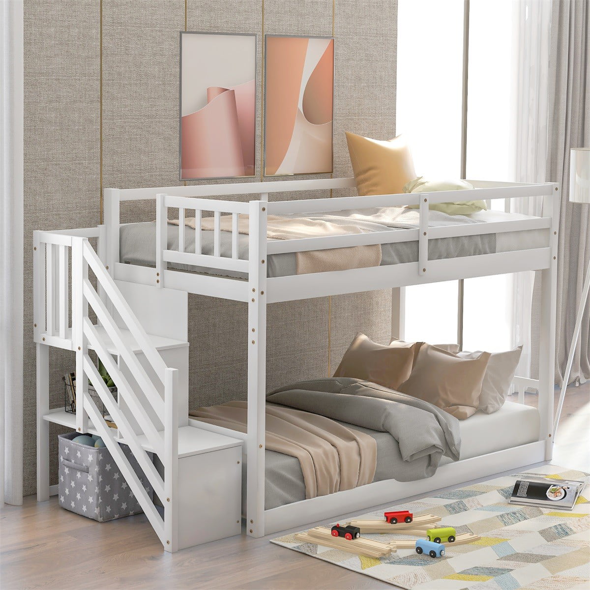 ModernLuxe Twin over Twin Wood Floor Bunk Bed with Stairs and Storage Shelves
