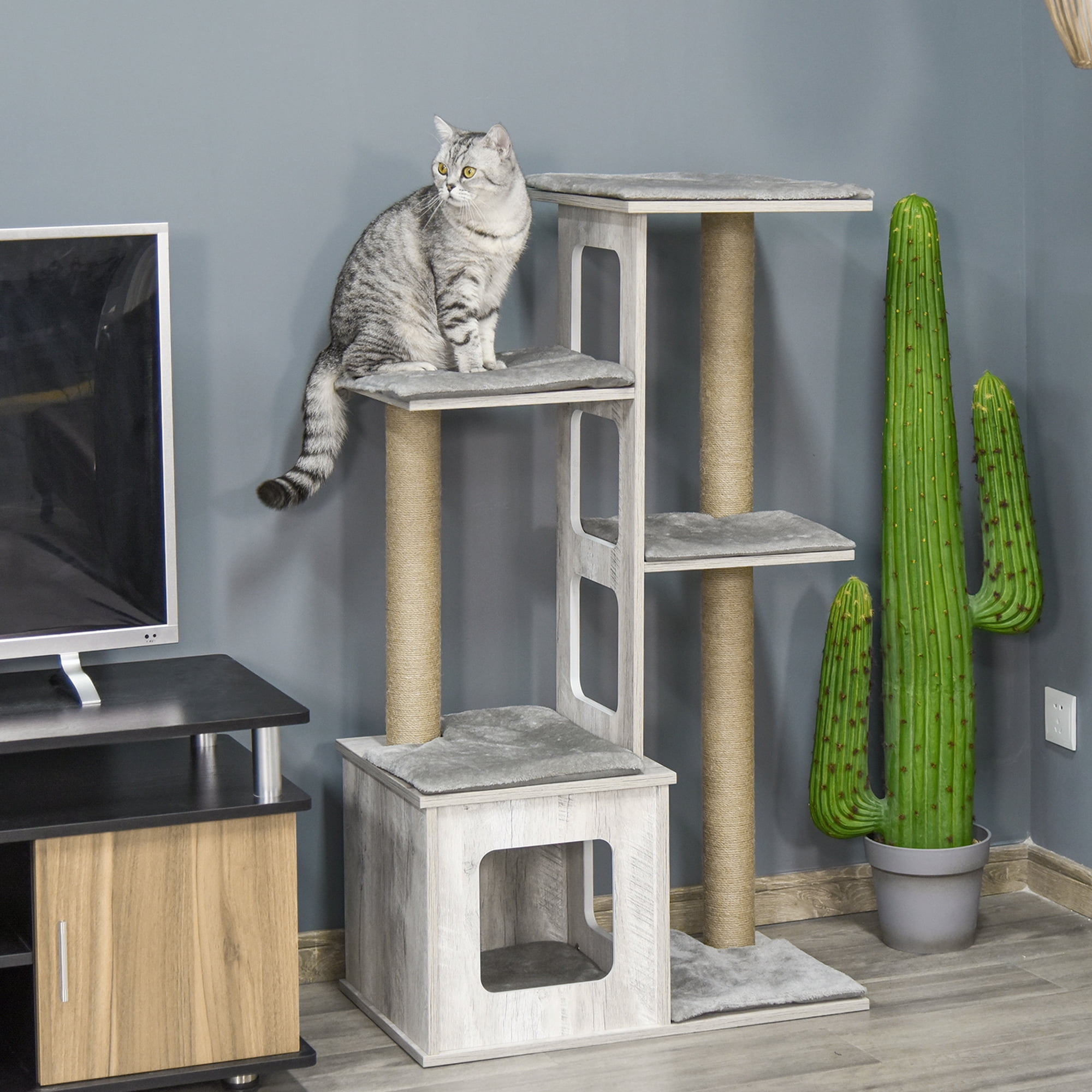 PawHut 45 Deluxe Plush Cat Tree Tower Activity Center Climbing Frame Kitten Play House with Jute Scratching Posts Condo Perch Cushion Grey Walmart
