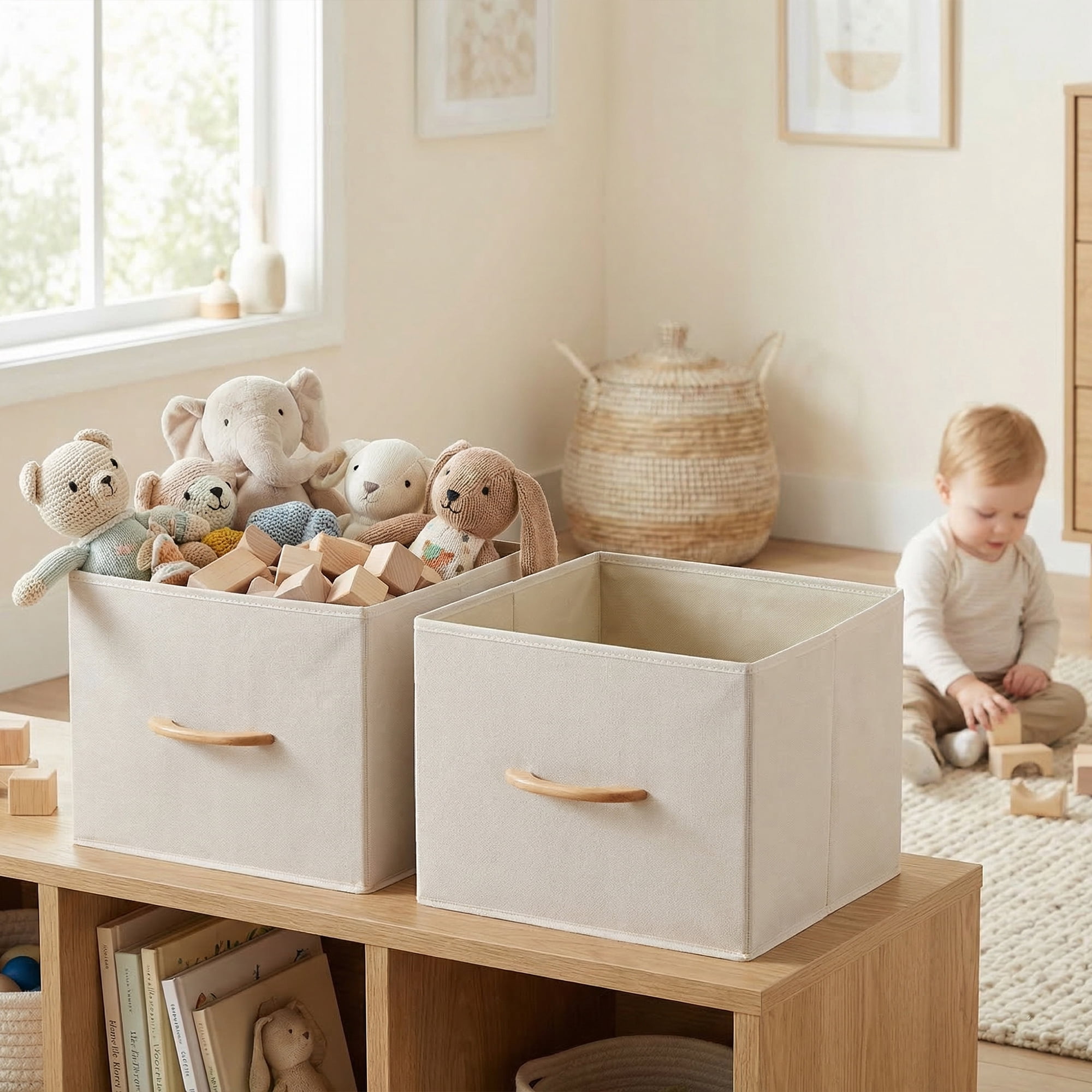 Unique Bargains 3pcs Storage Cube Fabric Storage Bin with Handles Beige 15.4*11.8*11.8in