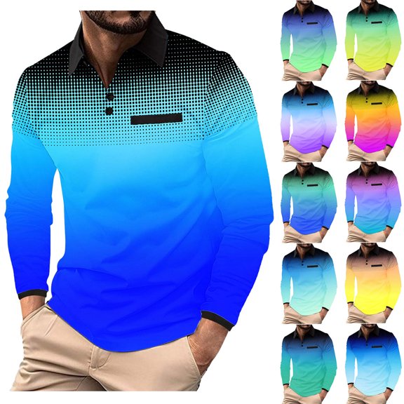 Miluxas Mens Long Sleeve Polo Shirts Casual Gradient Golf Tops Button Down Lapel Comfy T-shirts Quick Dry Slim Fit Tee Blouse Yellow