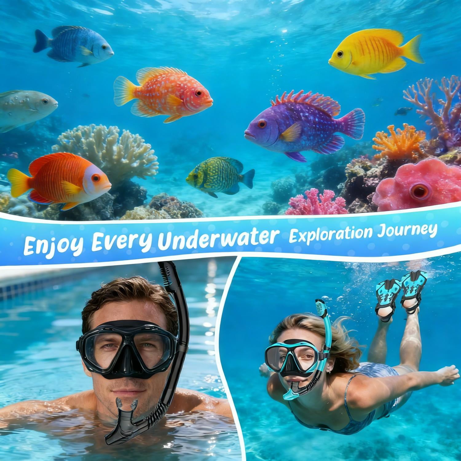 Snorkeling Gear for Adults Men Women, 3 in 1 Snorkel Set with Panoramic View Diving Mask, Dry Top Snorkel Fins for Swimming, Snorkeling and Travel Diving-Green（Small/Medium）