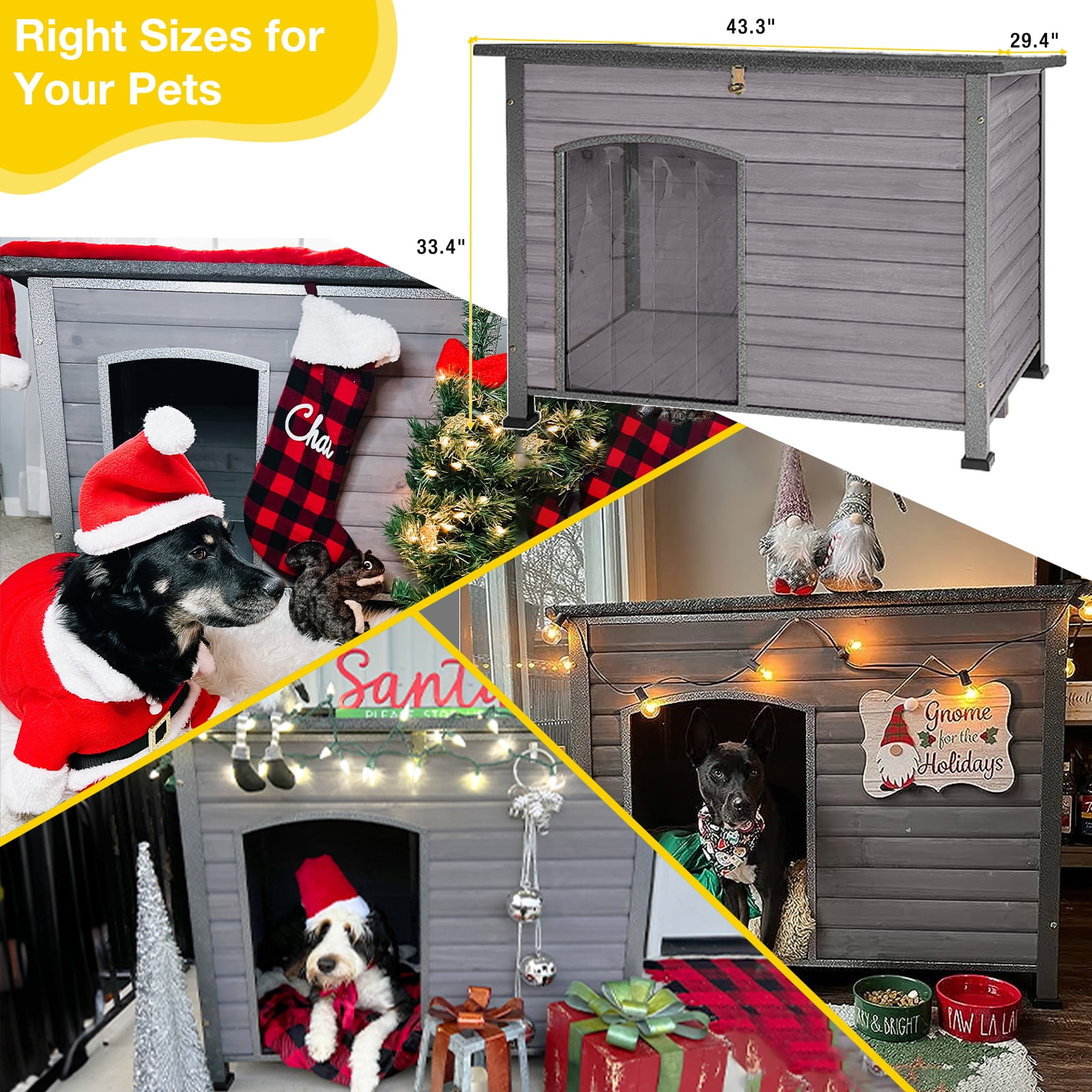 Aivituvin Indoor Outdoor Dog House,Anti-Chewing Iron Frame Dog Kennel,Wood Warm Pets Home,Weatherproof Outside Shelter