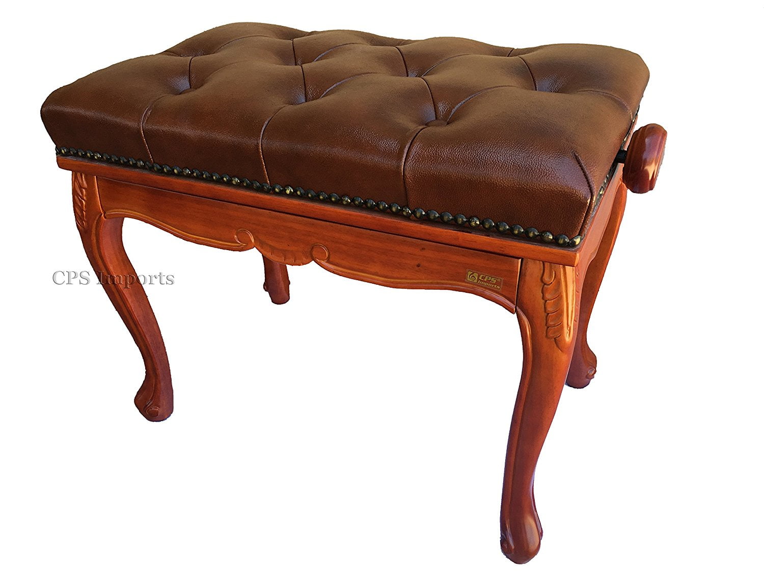 CPS Genuine Leather Antique Style Adjustable Piano Bench in Walnut