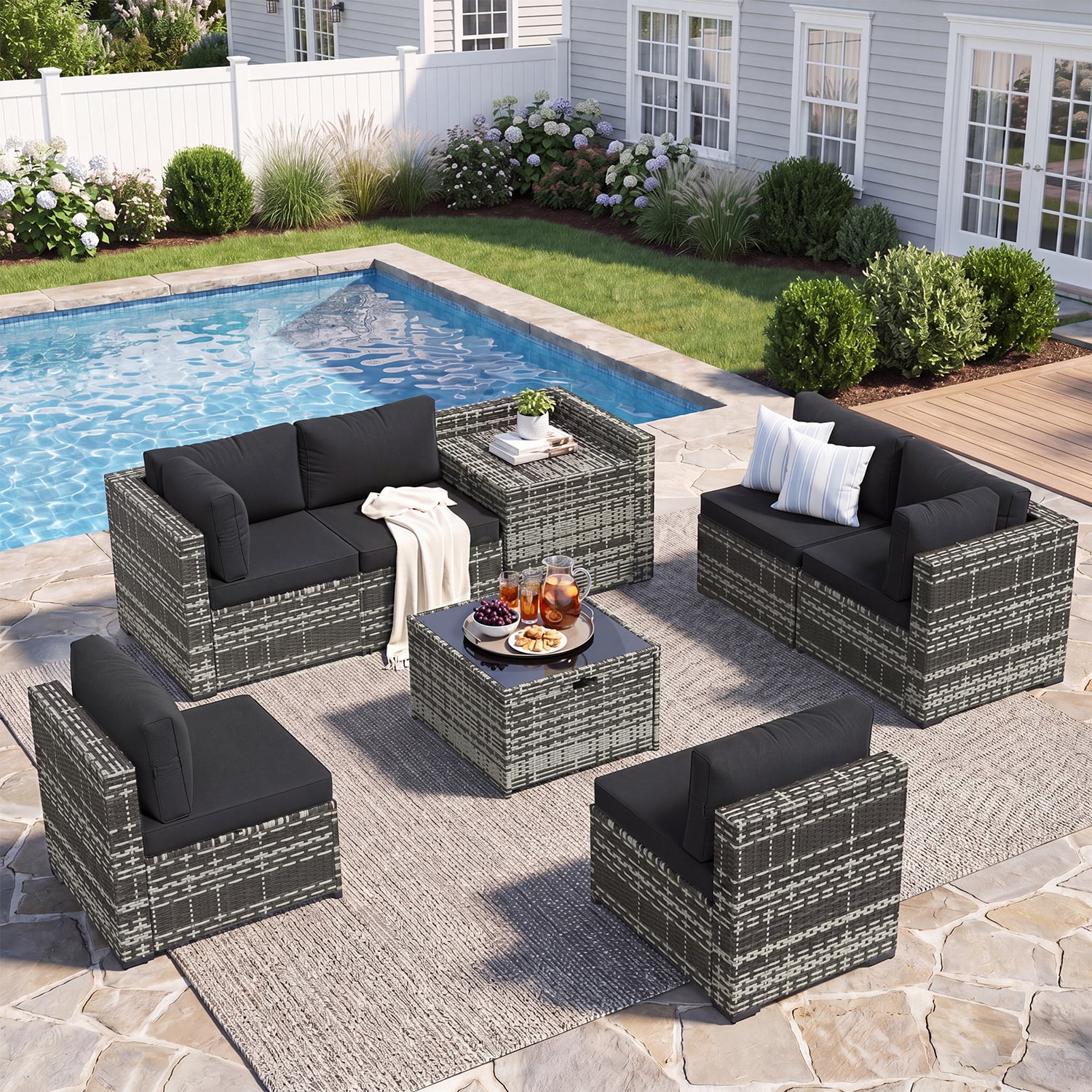 BaPiPro 8-Piece Gray Rattan Patio Sectional Sofa Set with Black Cushions, Dual Storage Design, Modular Outdoor Conversation Furniture for Backyard, Garden, Poolside