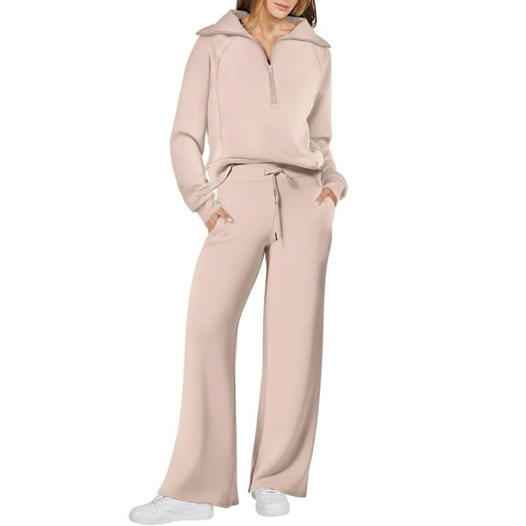 Women 2 Piece Outfits Fall Fashion Airport Wide Leg Pants Lounge Set Leisure Travel Vacation Clothes Sweatsuits Khaki S