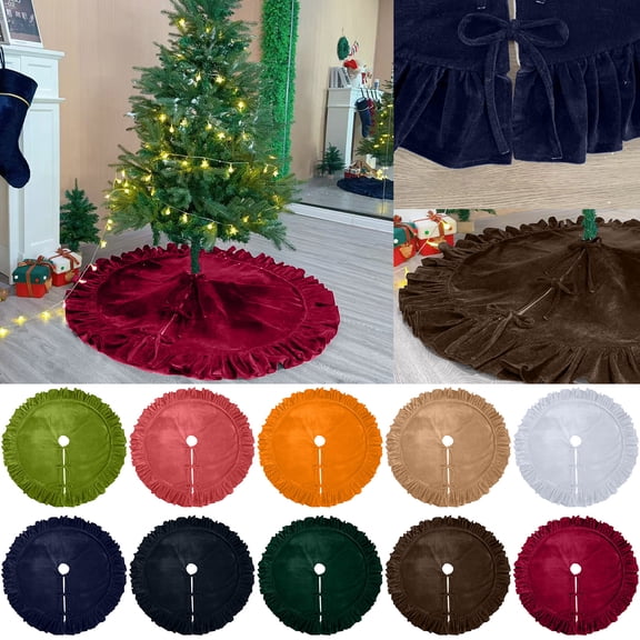 Christmas Tree Skirt with Green Polyester Velvet Bow and Polyester Ruffled Lace Edge, Elegant Holiday Decor for Living Room and Farmhouse, Festive Christmas Decoration 1Pc