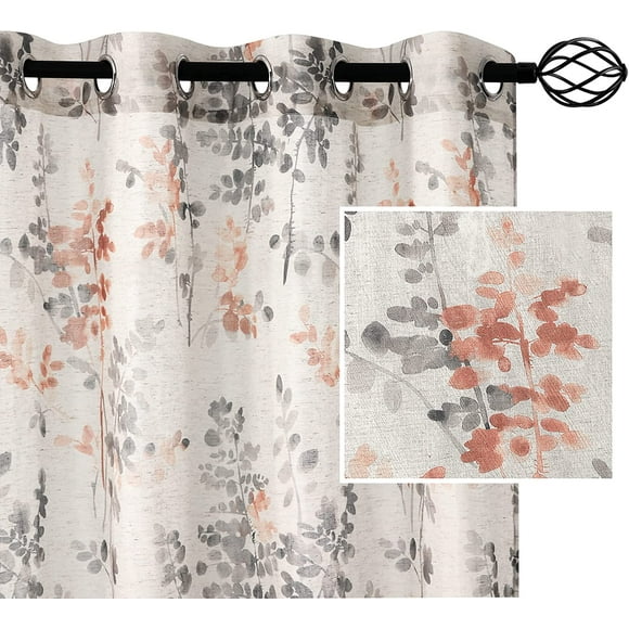Sheer Linen Curtains 84 Inch Long Semi Sheer Curtains Draperies for Living Room/Bedroom Grey and Coral Vintage Classical Floral Printing Window Treatment Grommet 2 Panels