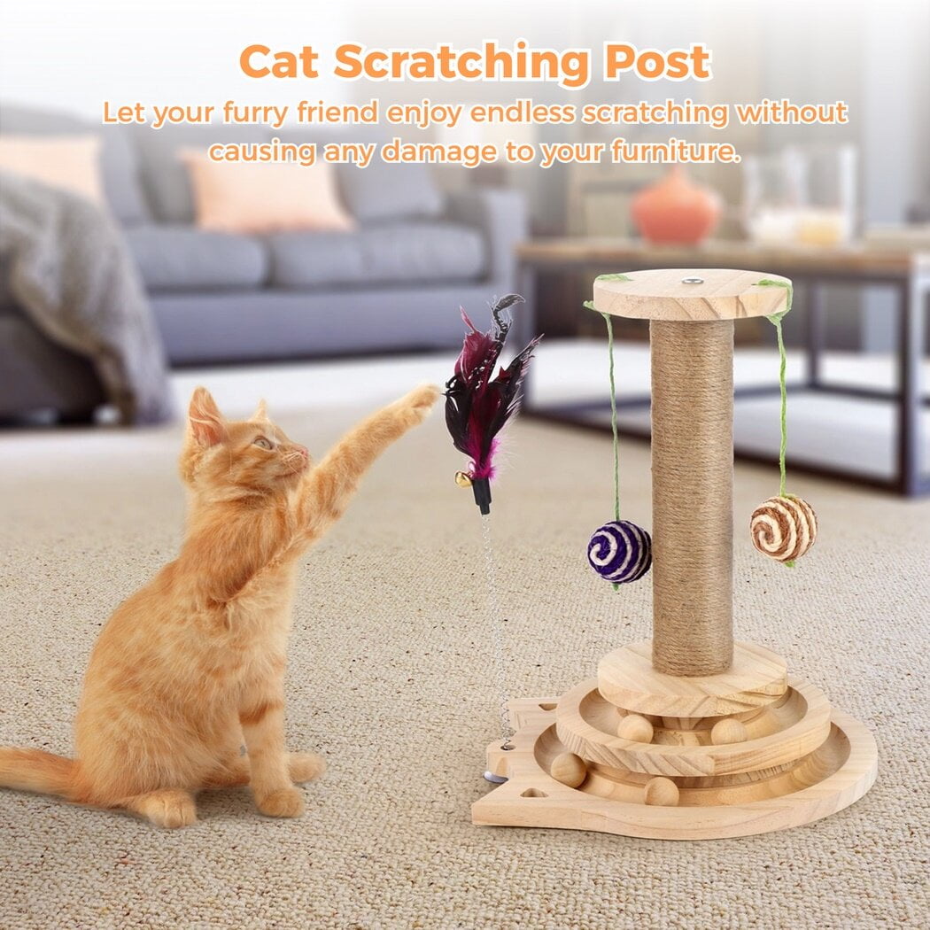 Sisal Scratcher Toy with Hanging Balls& 2-Tier Tracks, Wooden Cat Scratching Post, Interactive Cat Toy for Indoor Cats, Kittens