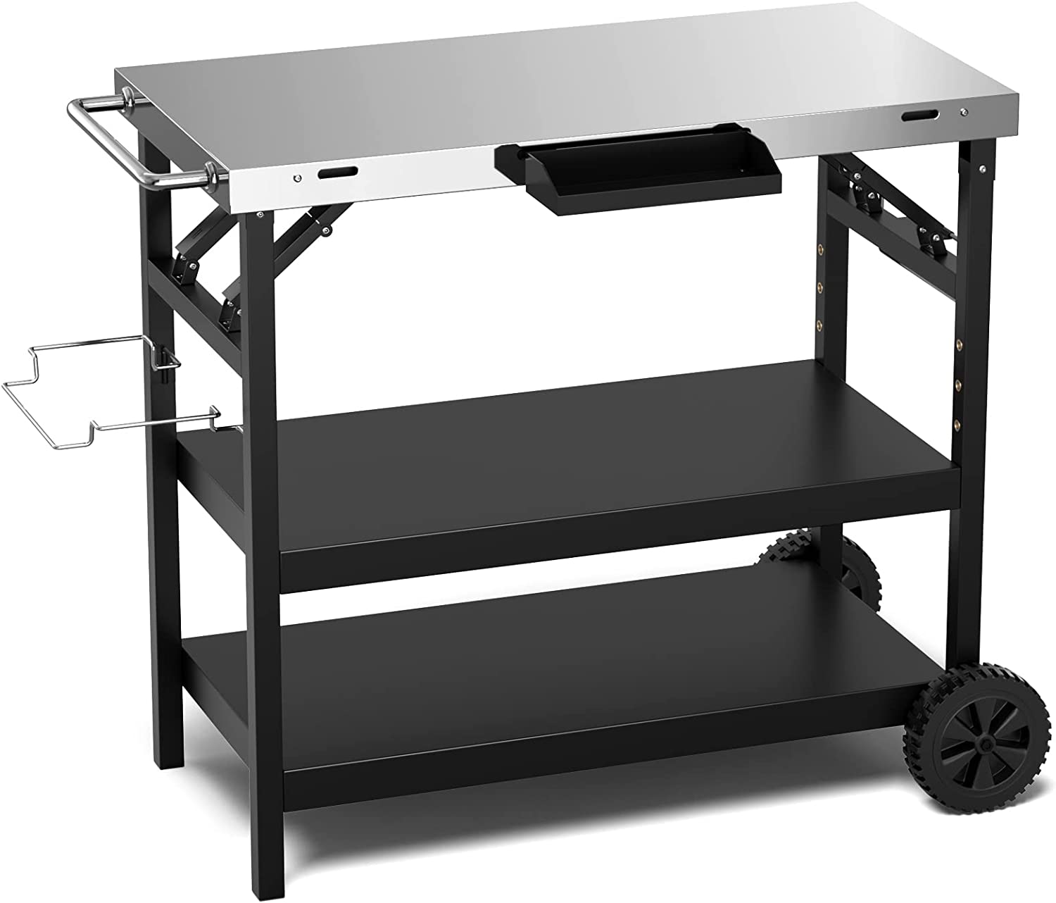 Outdoor Grill Cart with Wheels, Food Prep Table with 3 Storage Shelves