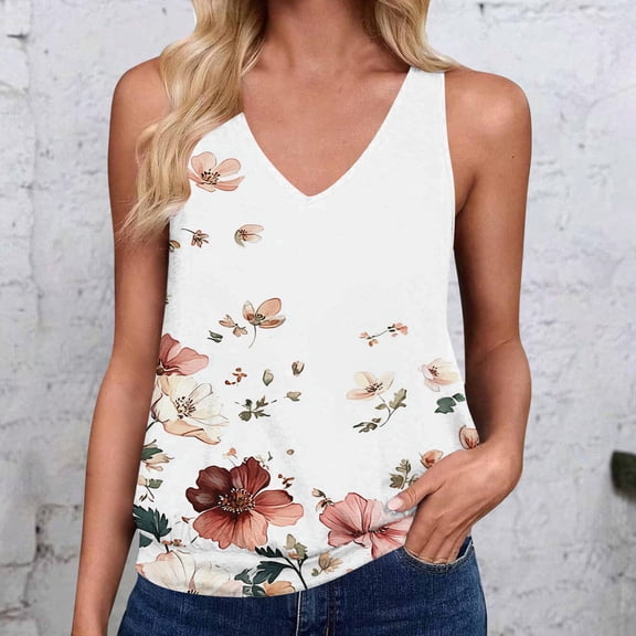 Women's Tank Tops Floral V Neck Sleeveless Casual Loose Fit
