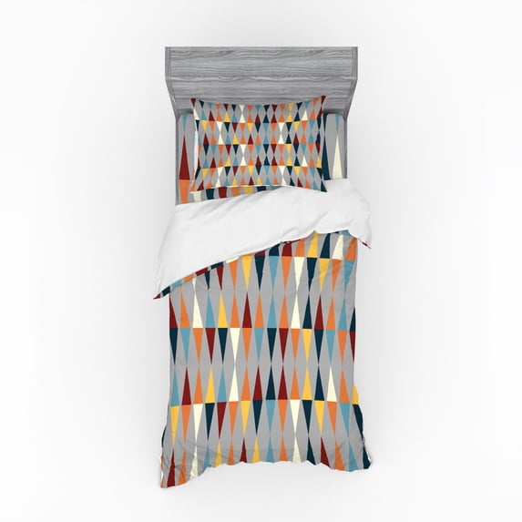 Retro Duvet Cover Set, Vertical Bicolor Long and Thin Diamond Shapes with Triangles Vintage Geometrical, Bedding Set with Shams and Fitted Sheet, 3 Sizes, by Ambesonne