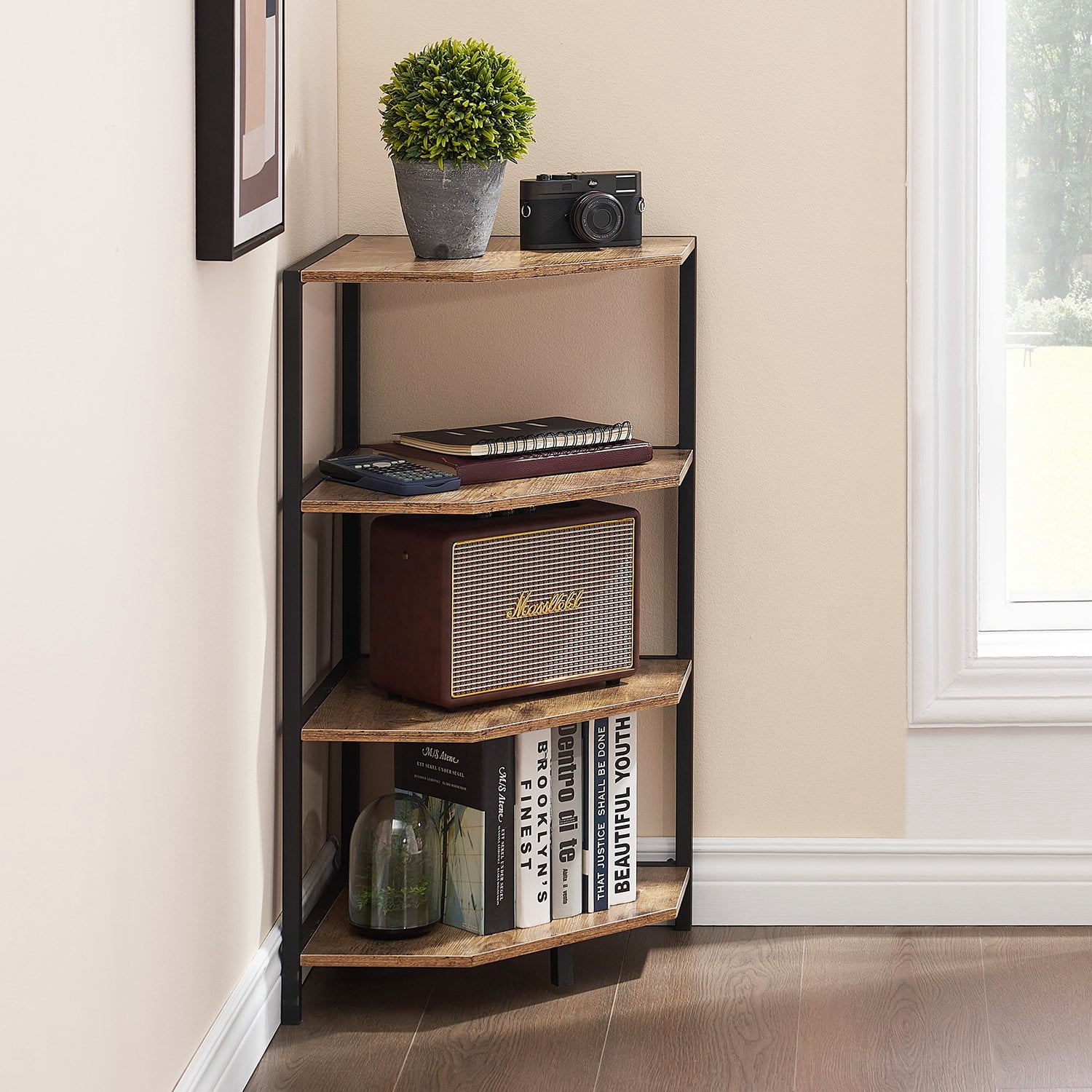 VECELO 4-Tier Corner Shelf, Multipurpose Wood Storage Stand for Small Spaces, Bedroom, Living Room, Gray