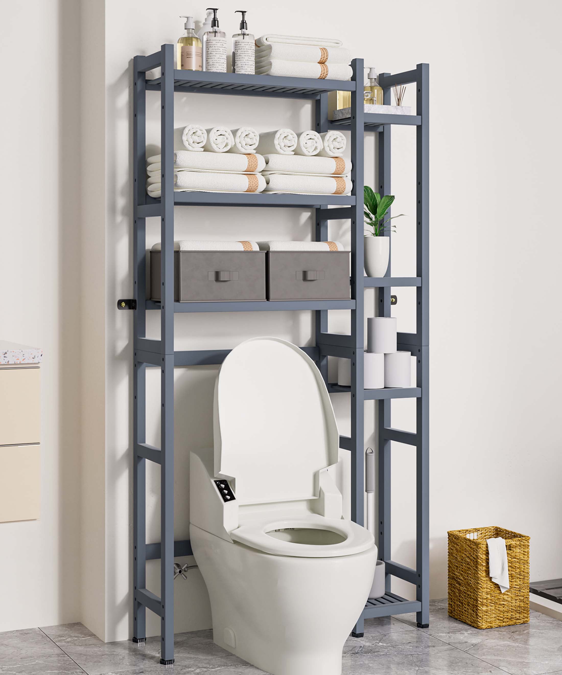 Enogets Over the Toilet Storage, Bamboo Bathroom Organizer with Adjustable Rack, Basket, Drawer & Waterproof feet