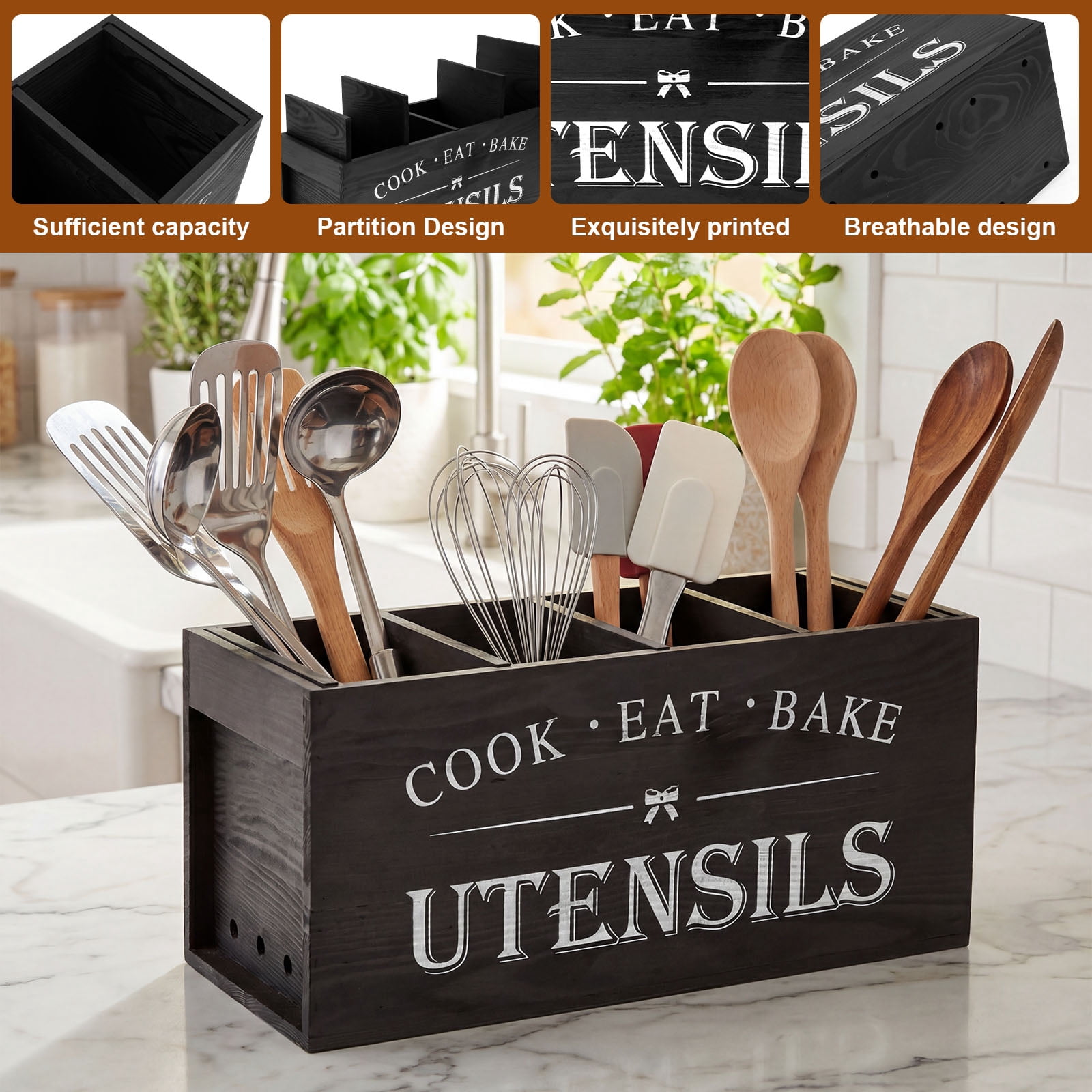 FUYGRCJ Detachable Wooden Utensil Holder, 15.6 x 7 x 5.8inch Extra Large Utensil Organizer with 4 Compartments, Kitchen Cooking Utensil Caddy, Acacia Wood Silverware Storage Container for Countertop