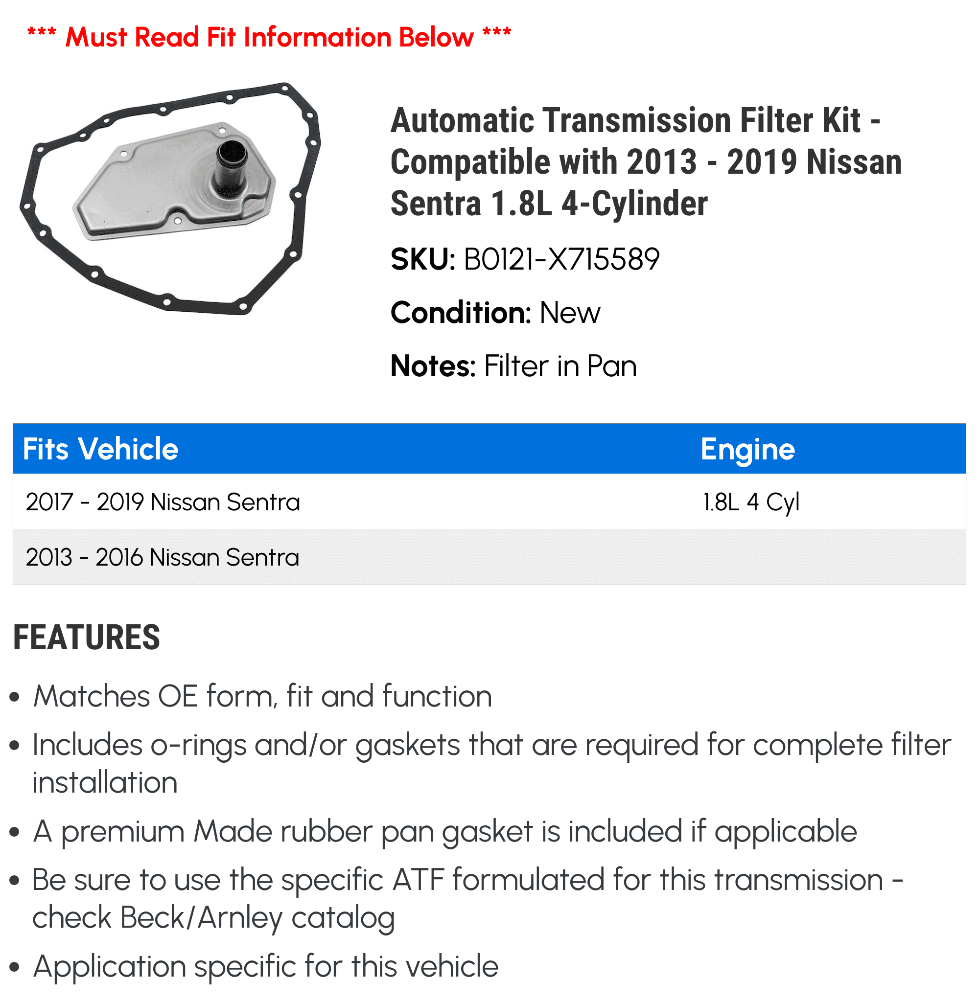 Beck/Arnley B0121-X715589 Automatic Transmission Filter for Nissan Sentr, 1.8L