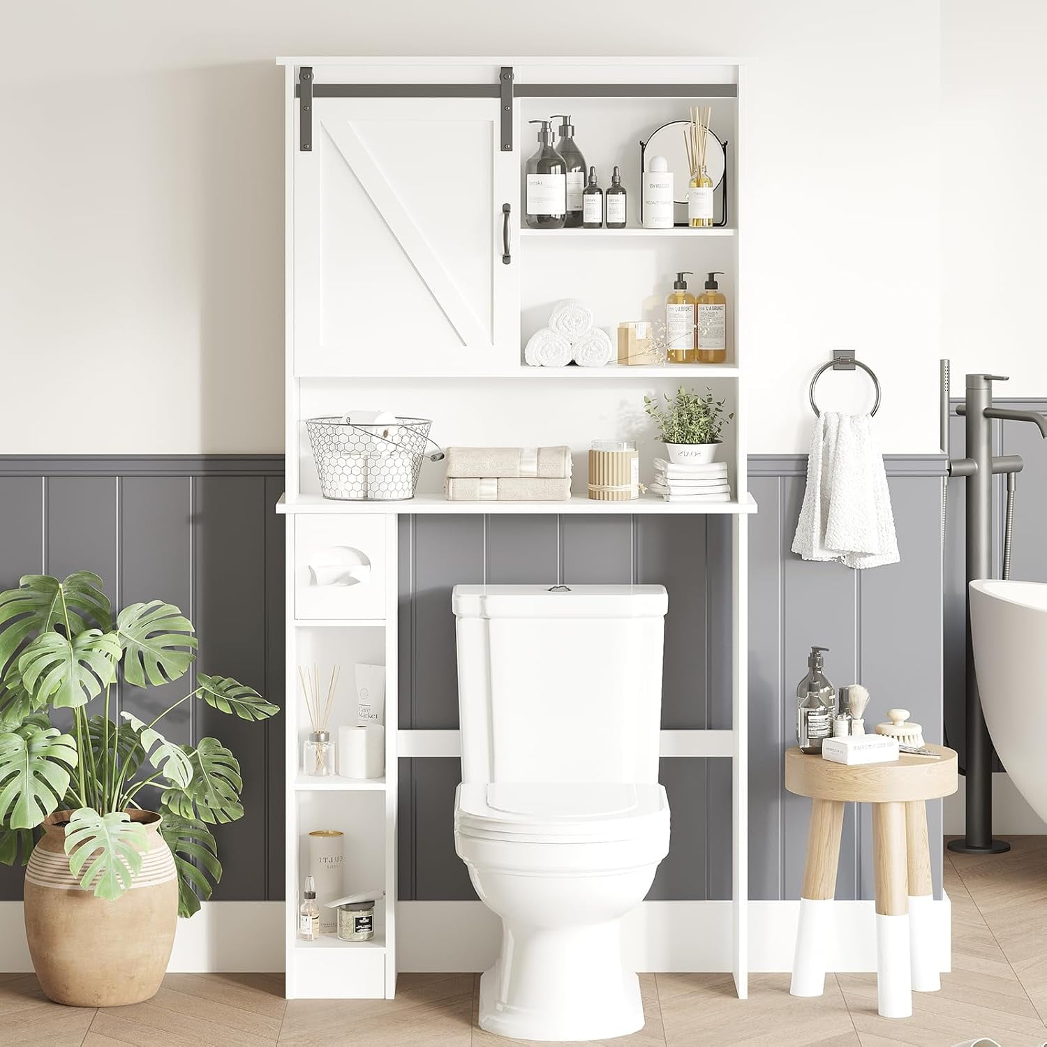 Over the Toilet Storage Cabinet with Farmhouse Sliding Barn Door Above Toilet Organizer Toilet Paper Holder Behind Toilet Shelf with  Adjustable Shelf for  Bathroom,Laundry Space Save