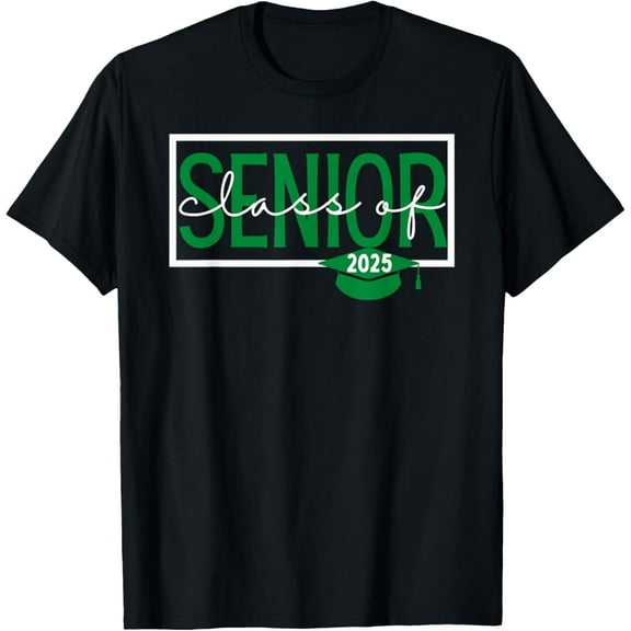 Seniors Class of 2025 Colors Green and White T-Shirt Men women T-shirt black, gift. Sizes: S, M,L, XL, 2XL, 3XL, 4XL