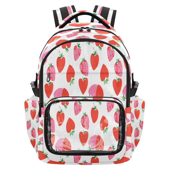 Qxltty Heart Strawberry Print Backpack School Bookbag with Clear PVC Front Pocket, Laptop Compartment, Water Resistant Travel Daypack for Students
