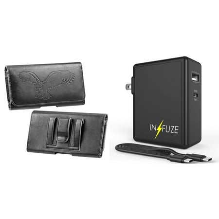 

Pouch and Wall Charger Bundle for OnePlus 10T 5G: Eagle Horizontal Belt Holster Case (Black) and 45W Dual USB Port PD Power Delivery Type-C and USB-A Power Adapter
