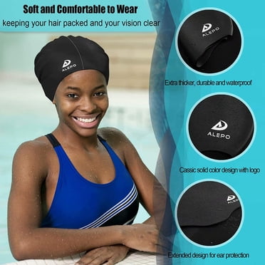 Long Hair Swim Cap With 3D Ear Pockets - Silicone, Waterproof, Includes Ear Plugs & Nose Clip