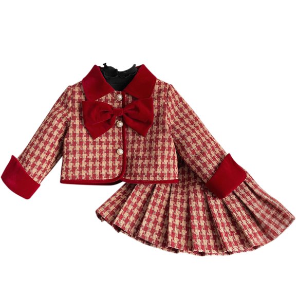 Lovzfmll Kids' Tweed Bow Checkered Set, Chic Two-Piece with Top and Skirt for 5-6 Years, Red