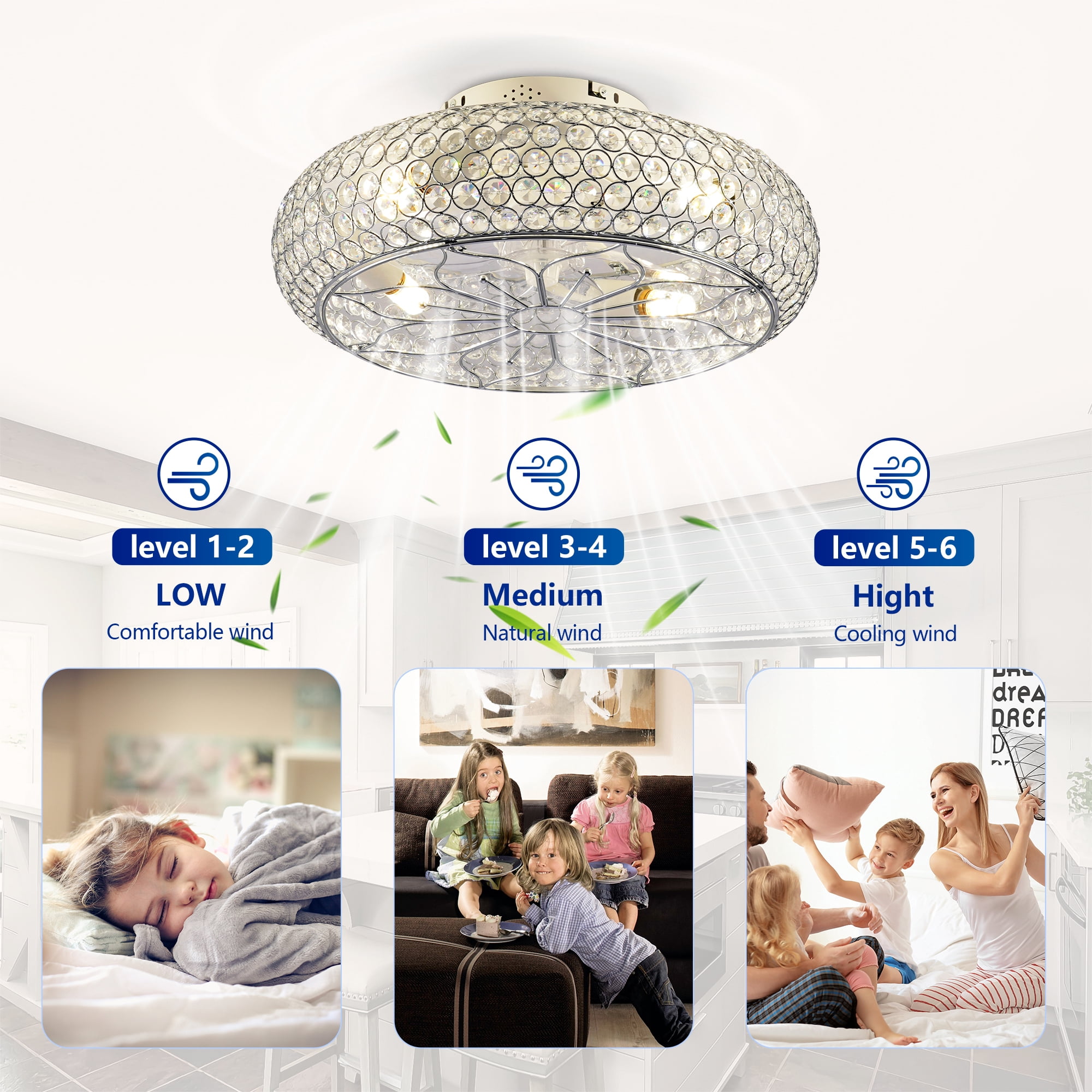 Leumius 20" Crystal Ceiling Fans with Light and Remote Control, Chandelier Fan 6 Speed DC Motor Reversible Ceiling Fan for Living Room Bedroom (NOT Included Bulbs)