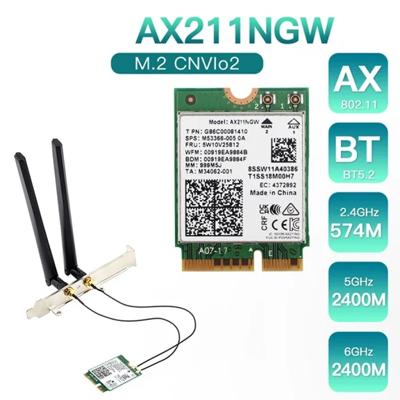 Wireless Network Card AX211NGW Dual Antenna Wifi 6E M.2 Key E Cnvio2 2.4Ghz/5Ghz 802.11Ac Bluetooth 5.2 Adapter