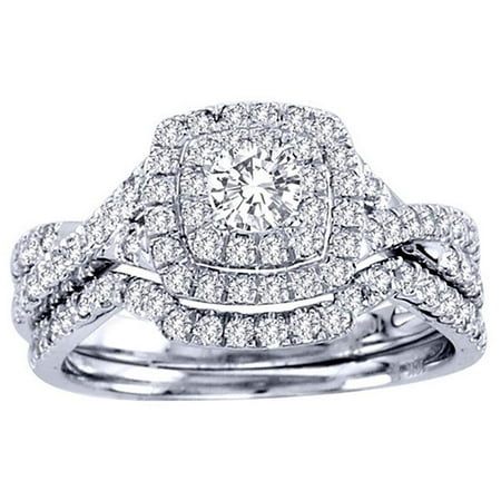 Ginger Lyne Collection Frances Sterling Silver Halo Pave Engagement Ring Wedding Band Bridal