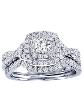 Frances Halo Pave Sterling Silver Bridal Engagement Wedding Band Ring Set Ginger Lyne Collection
