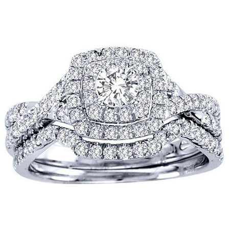 Frances Halo Pave Sterling Silver Bridal Engagement Wedding Band Ring Set Ginger Lyne Collection