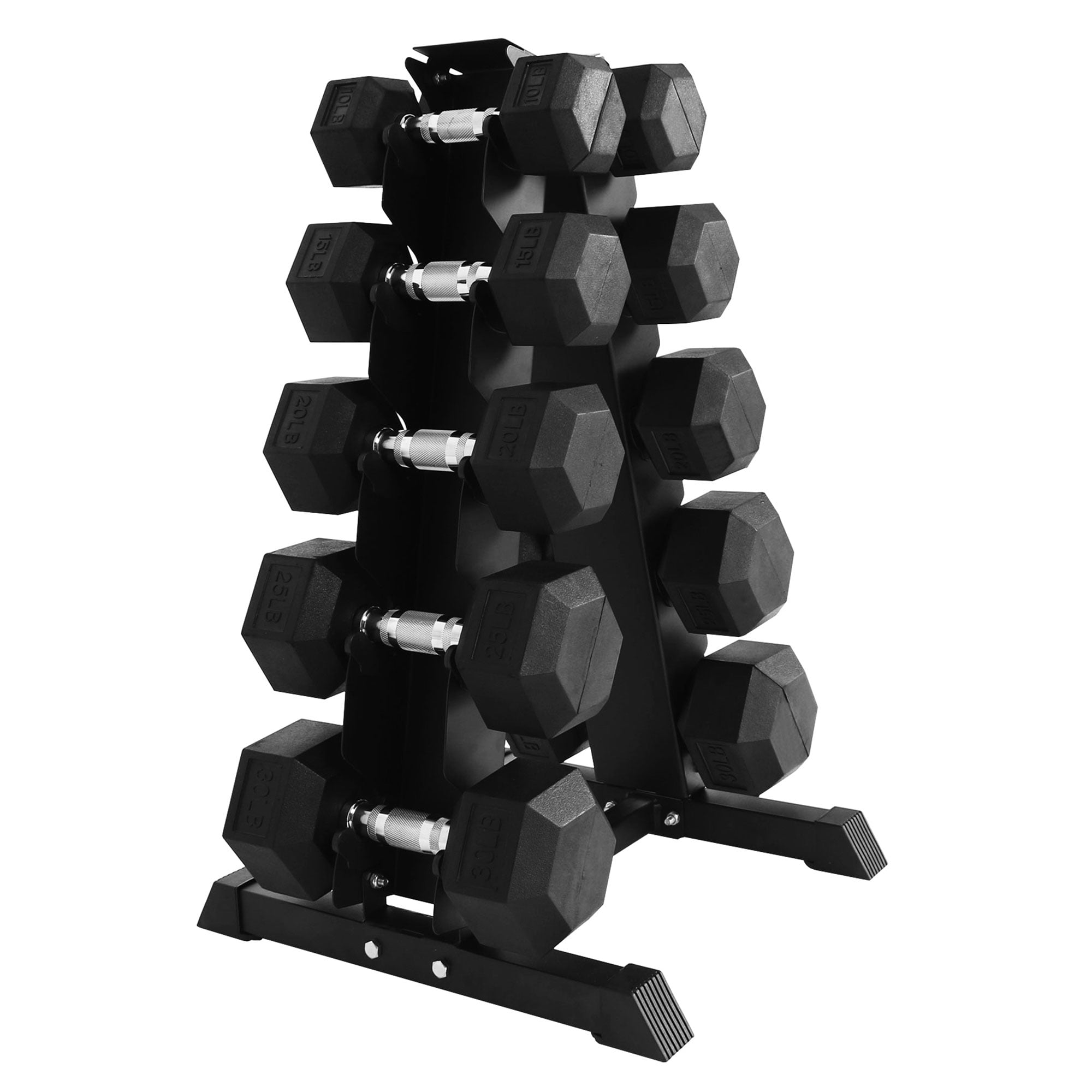 BalanceFrom Rubber Coated Iron Dumbbell Hex Weights Set with A-Frame Rack, Black
