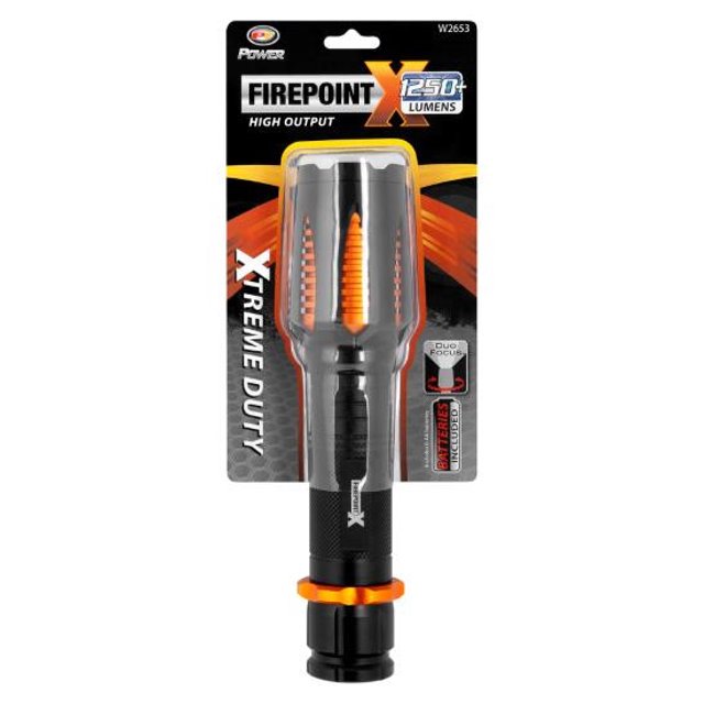Performance Tool Flashlight W2653 FirePoint X; LED; Clear Lens; 265 Meter DuoFocus Beam; Black/Orange Casing; Aluminum Housing; With 6AA Batteries