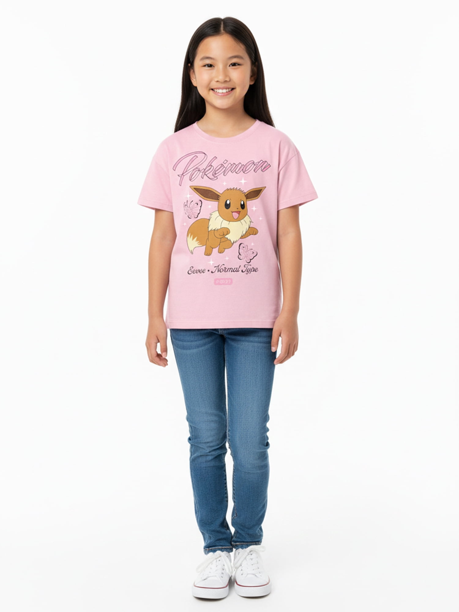 Pokemon Eevee Girls Graphic Crewneck Tee with Short Sleeves, Sizes 4-16