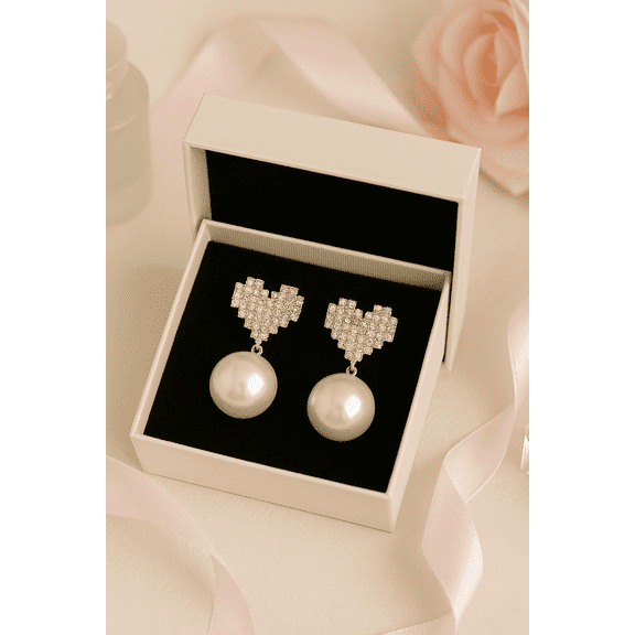 Crystal Heart and Pearl Drop Earrings – Elegant Statement Jewelry for Women