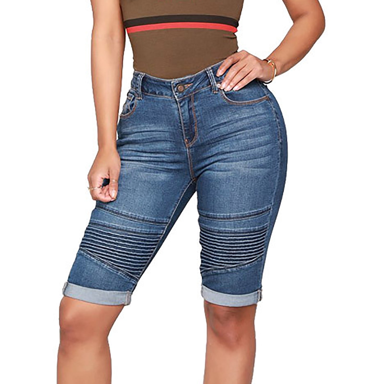 【BAON】Pearlme Summer Light Blue Denim Half Pants Penkiiy Women Casual Summer Jeans Half Shorts Jeans Stretch