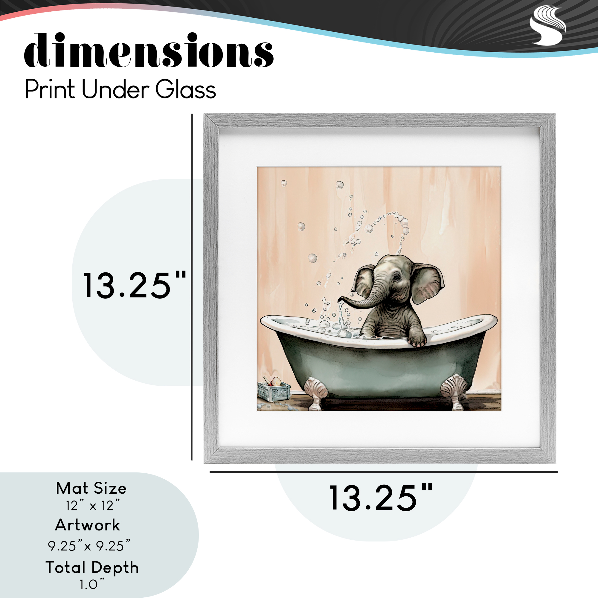 Baby Elephant Bubble Bath Gray Framed Print Under Glass, design by Sasha